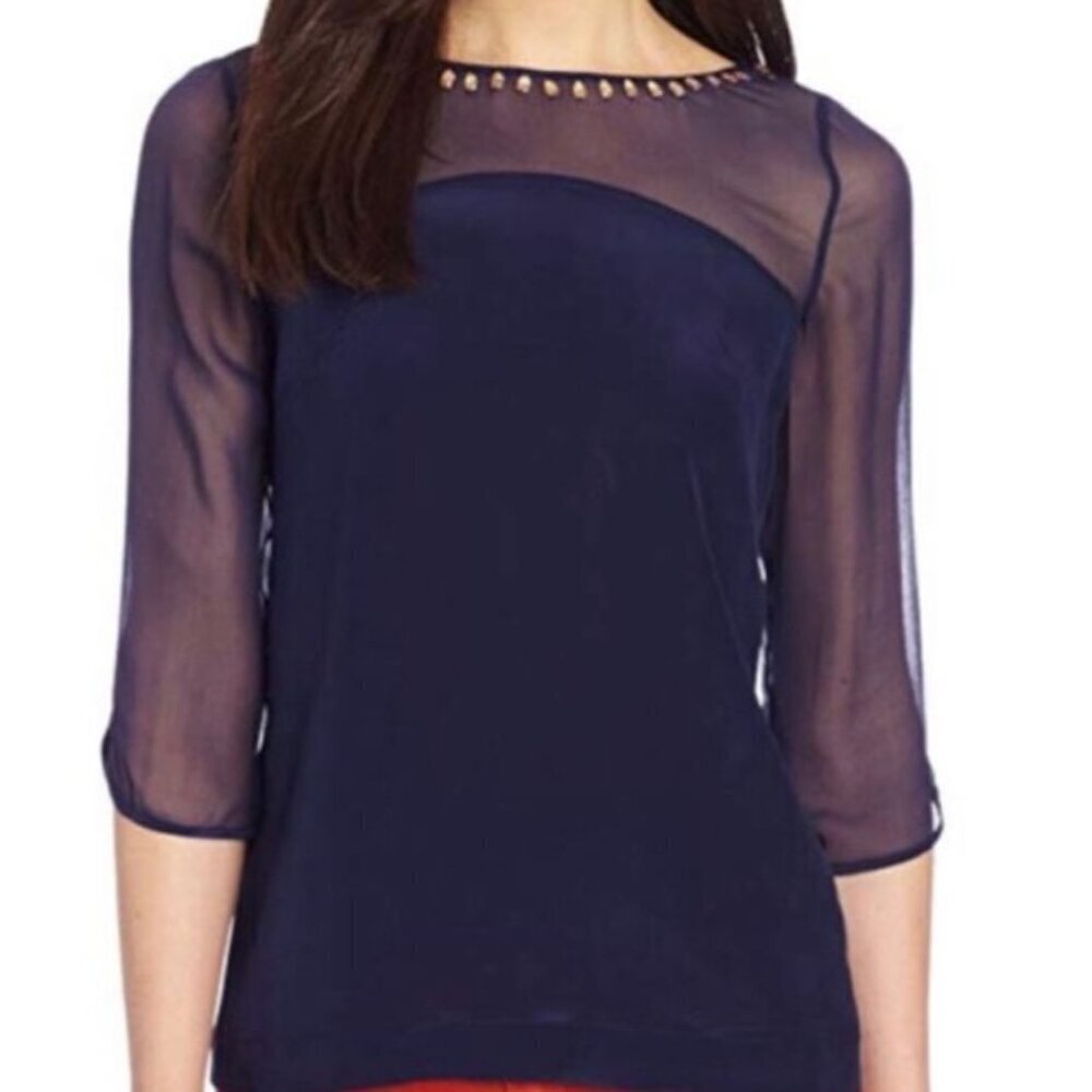 French Connection NEW 100% Silk Navy Blue Embellished Beaded Blouse Top Size 8